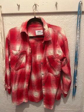 Zara Men’s Red and White Plaid Button-Down Shirt